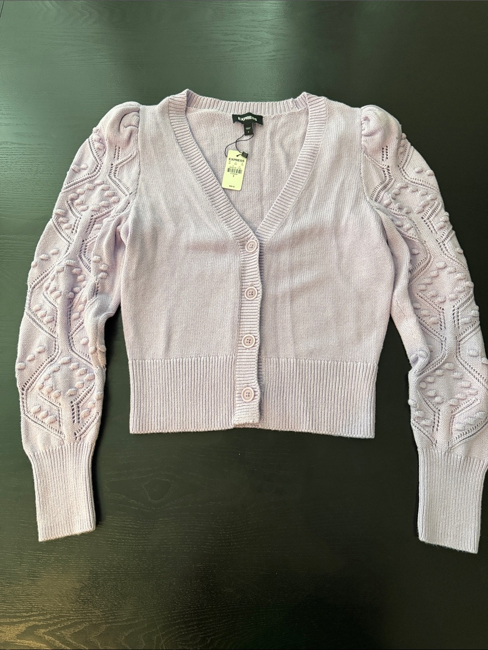 Express Lilac V-Neck Cropped Cardigan with Textured Puff Sleeves